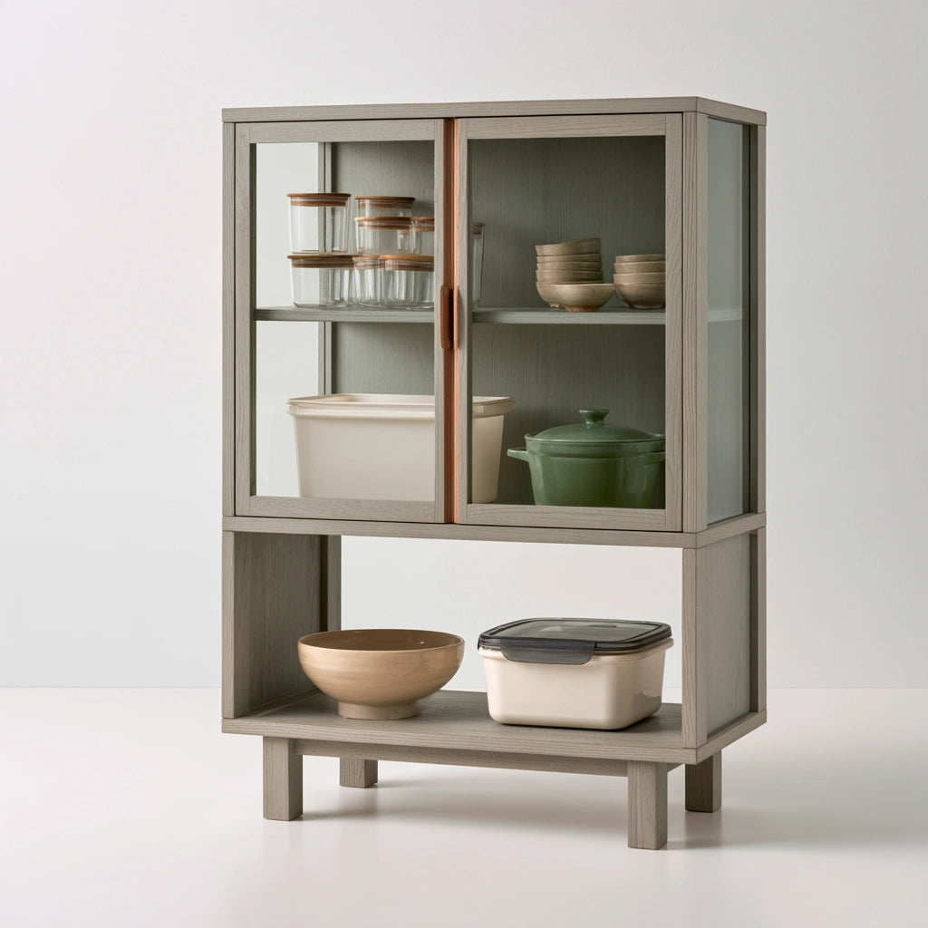 Mobile contenitore con elementi in vetro, colore grigio