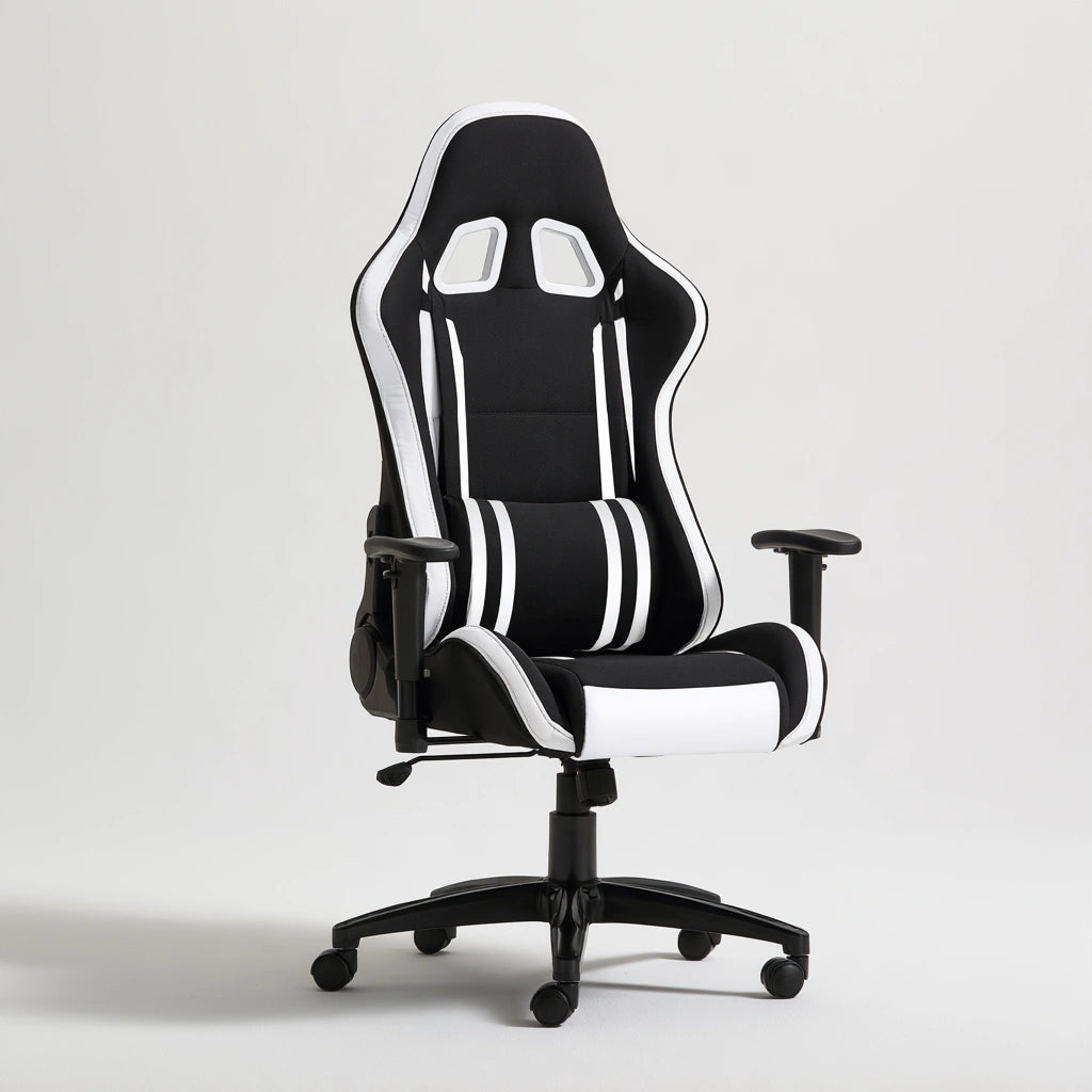 Poltrona ergonomica da gioco dalle linee essenziali con schienale alto, colore nero e bianco