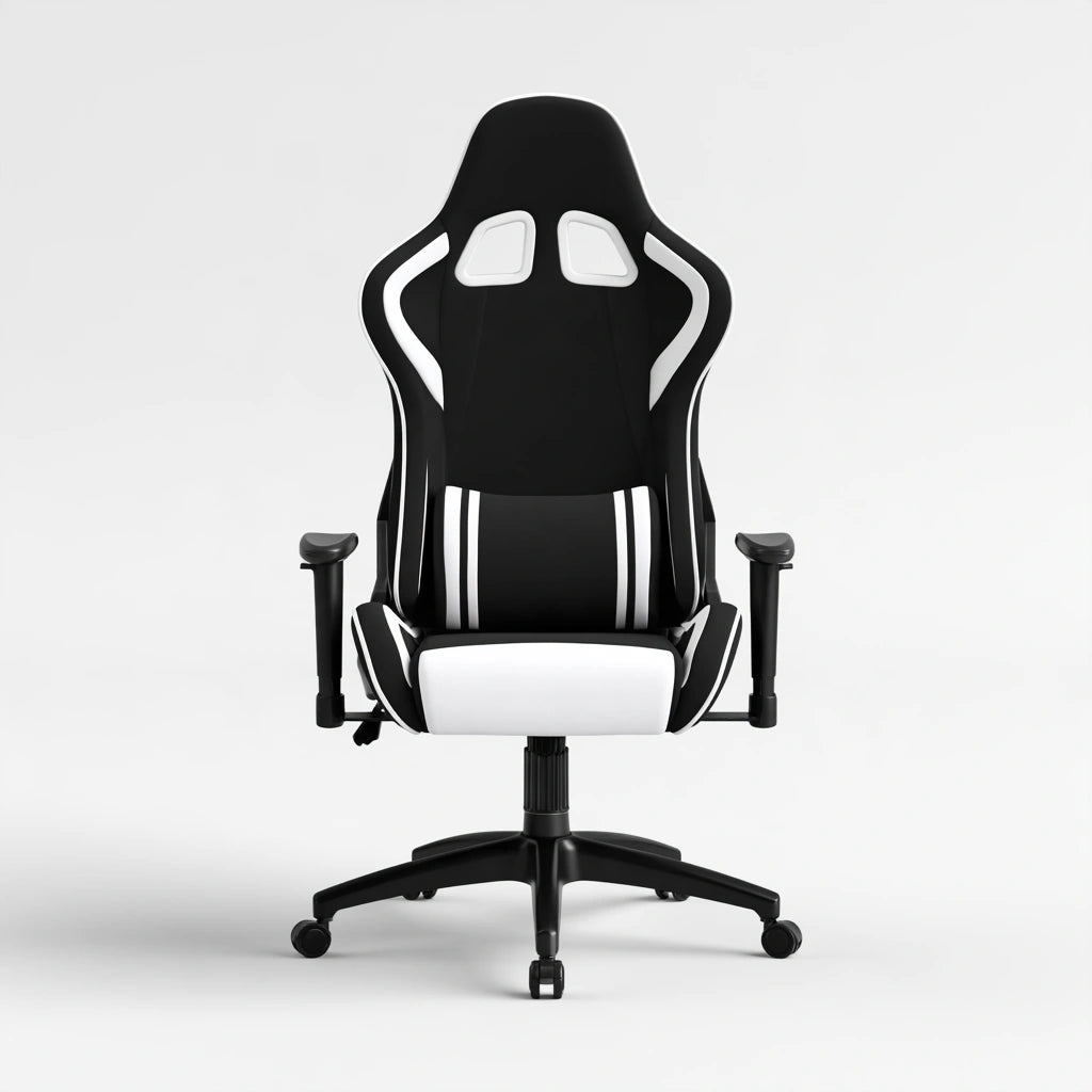 Poltrona ergonomica da gioco dalle linee essenziali con schienale alto, colore nero e bianco